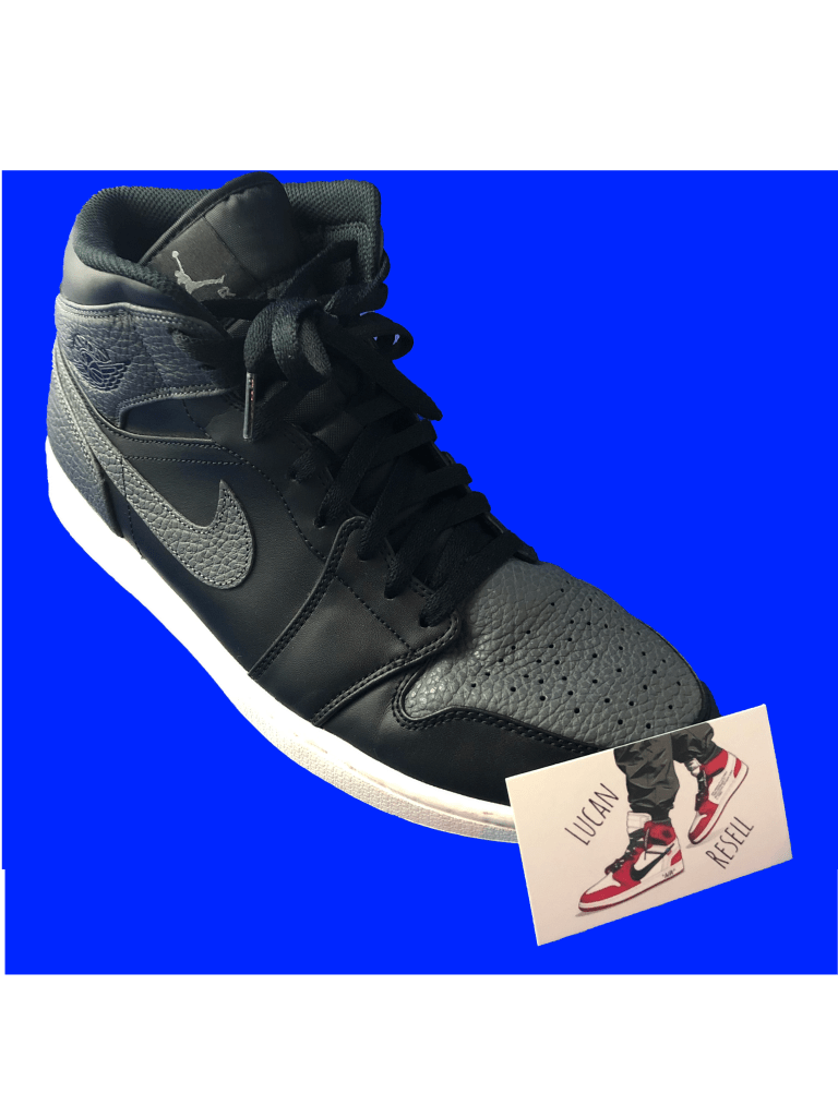 Black, Grey Air Jordan 1, Lucanresell business card. blue background
